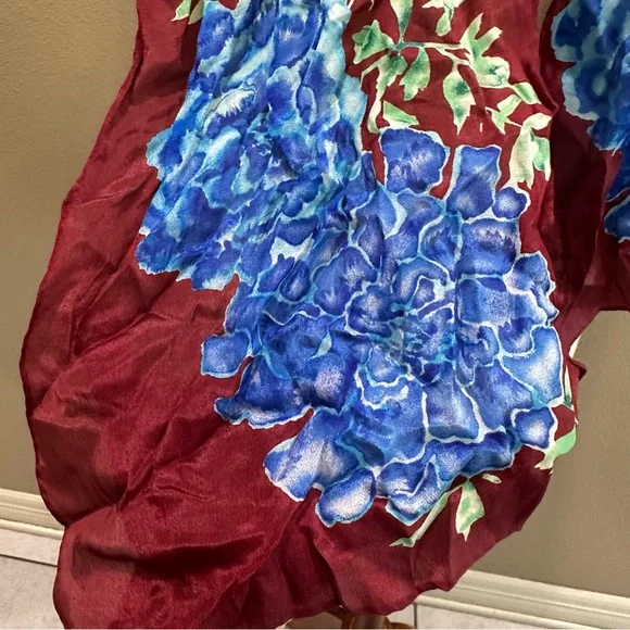 Elegant Floral Scarf in Burgundy and Blue Hydrangea Floral Silk - Picture 5 of 9